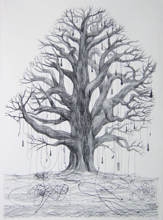 Boom met microfoons, 2007, potlood op papier, 140 x 100 cm