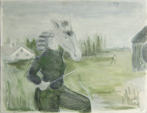 Vrouw met paardenhoofd, 1999, potlood, aquarel/papier, 24 x 31,5 cm