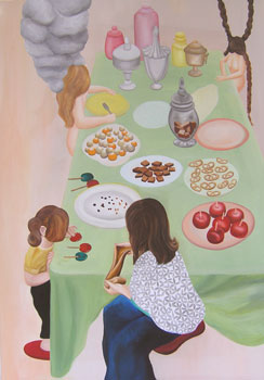 Danielle Lemaire, De snoeptafel, 2005, olieverf op linnen, 100 x 70 cm